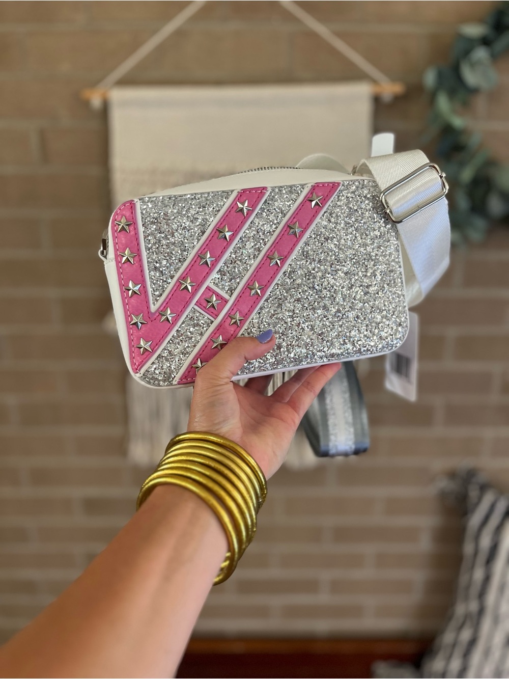 Vintage Havana Silver Glitter Crossbody with Pink Star Straps